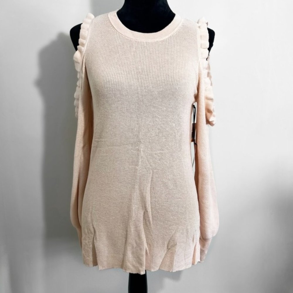 1. State Ribbed Knit Pullover Cold Shoulder Ruffle Detail Blush Pink NWT Size S